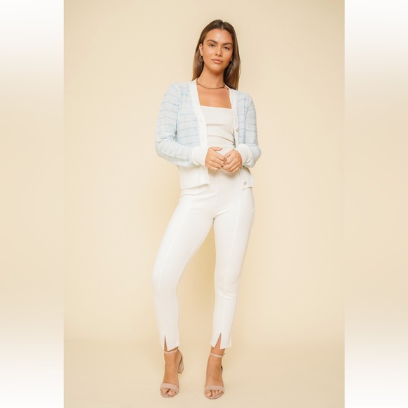 🆕Cardigan Sweater Two-Tone Yarn Pearl Button Down Mint Ivory - Picture 6 of 6